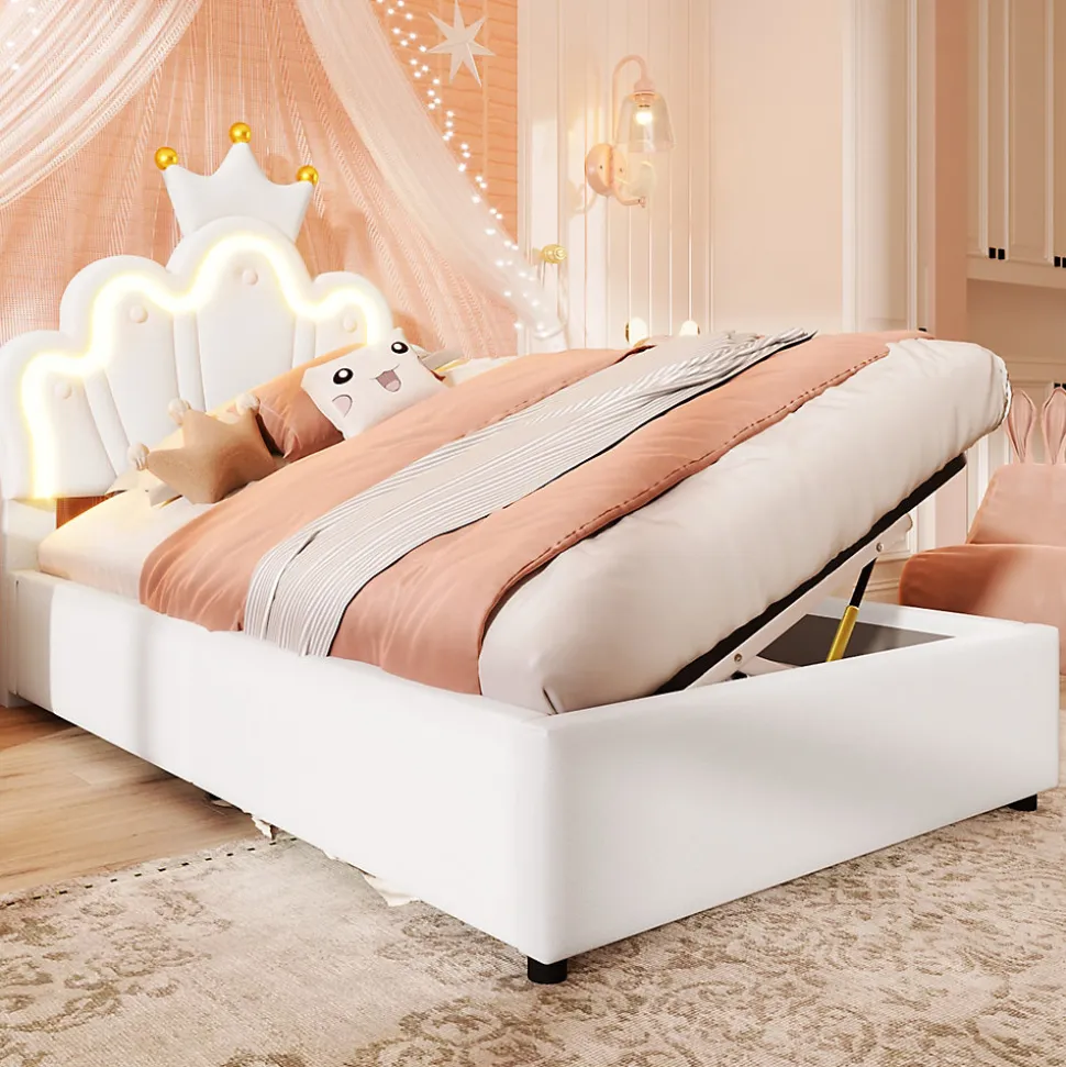 Lit 90x200 cm avec tête de lit réglable et rangement hydraulique, revêtement PU blanc, design couronne