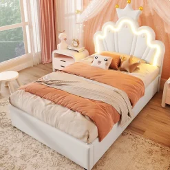 Lit 90x200 cm avec tête de lit réglable et rangement hydraulique, revêtement PU blanc, design couronne