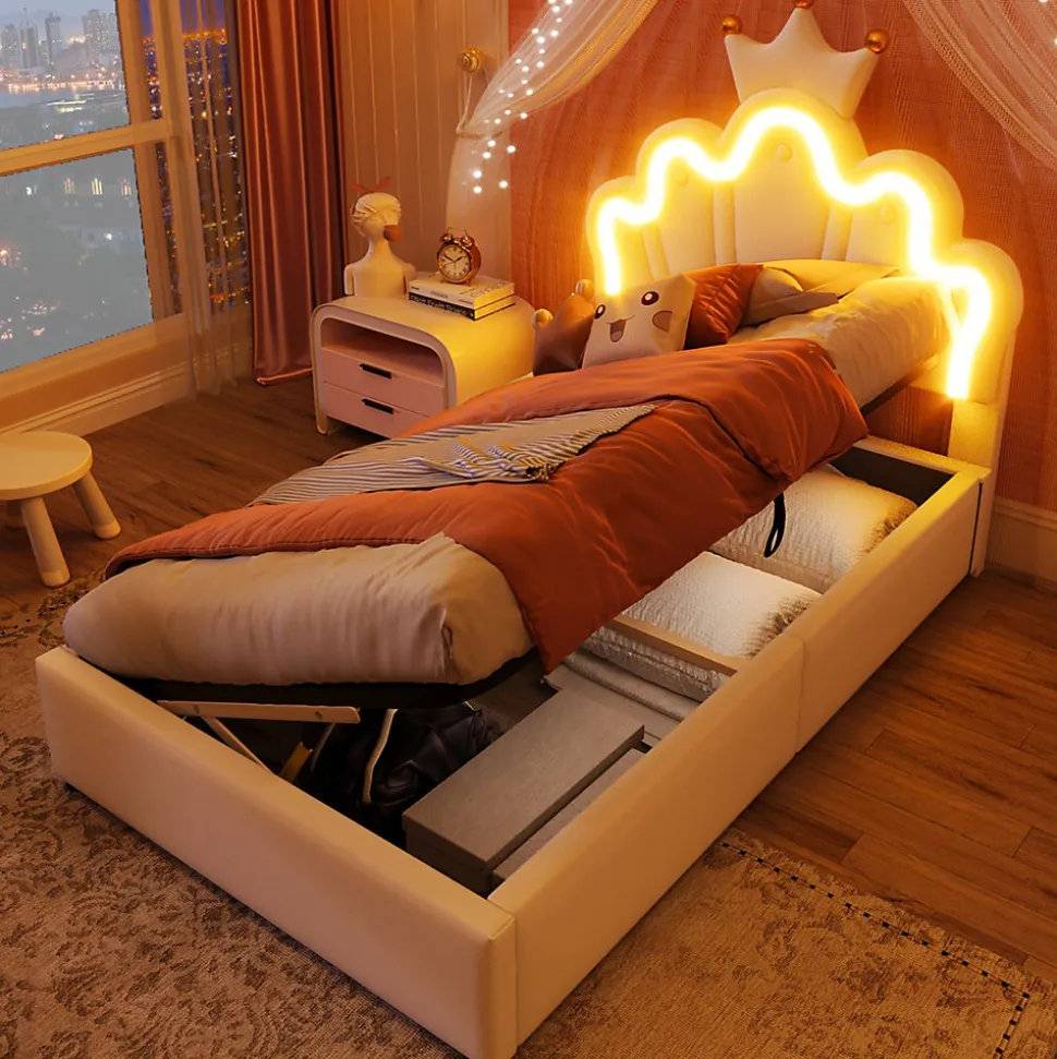 Lit 90x200 cm avec tête de lit réglable et rangement hydraulique, revêtement PU blanc, design couronne