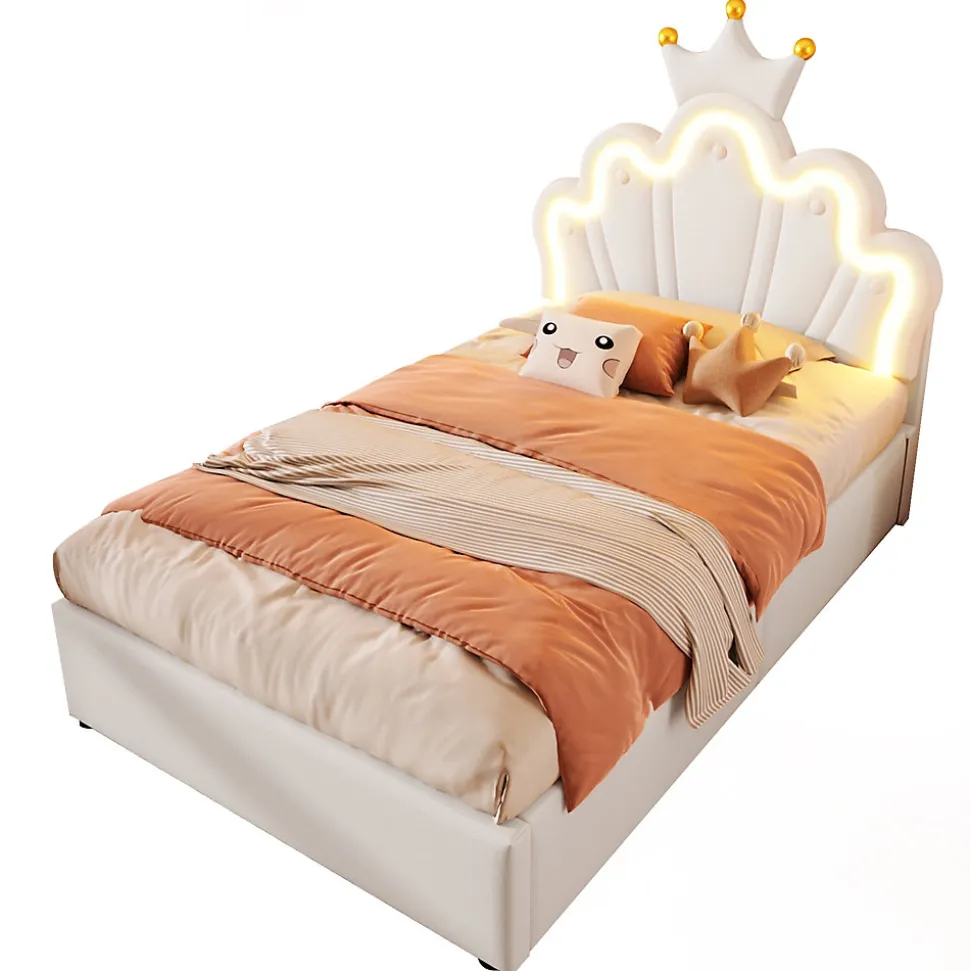 Lit 90x200 cm avec tête de lit réglable et rangement hydraulique, revêtement PU blanc, design couronne