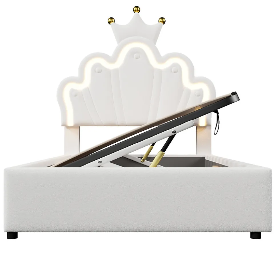 Lit 90x200 cm avec tête de lit réglable et rangement hydraulique, revêtement PU blanc, design couronne
