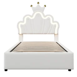 Lit 90x200 cm avec tête de lit réglable et rangement hydraulique, revêtement PU blanc, design couronne