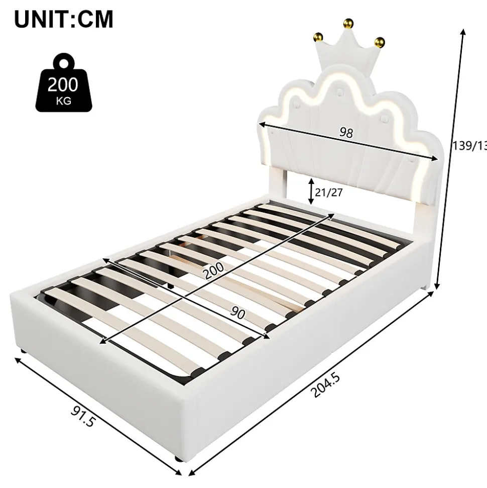 Lit 90x200 cm avec tête de lit réglable et rangement hydraulique, revêtement PU blanc, design couronne