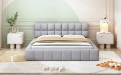 Lit 140x200 cm avec tête de lit rembourrée et revêtement lin gris, cadre solide en panneaux MDF