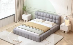 Lit 140x200 cm avec tête de lit rembourrée et revêtement lin gris, cadre solide en panneaux MDF