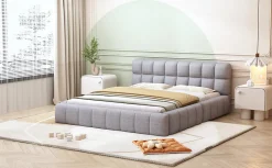 Lit 140x200 cm avec tête de lit rembourrée et revêtement lin gris, cadre solide en panneaux MDF