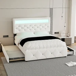 Lit 140x200 cm avec tête de lit rembourrée, 2 tiroirs et lit gigogne, structure MDF, cadre métal, tissu blanc