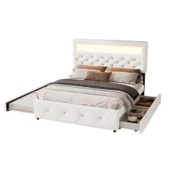 Lit 140x200 cm avec tête de lit rembourrée, 2 tiroirs et lit gigogne, structure MDF, cadre métal, tissu blanc