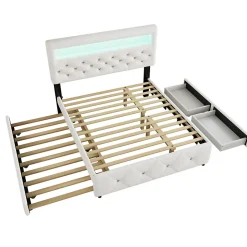 Lit 140x200 cm avec tête de lit rembourrée, 2 tiroirs et lit gigogne, structure MDF, cadre métal, tissu blanc