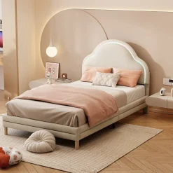 Lit 90x200 cm avec tête de lit en forme de nuage, led multicolores intégrées et revêtement en velours beige