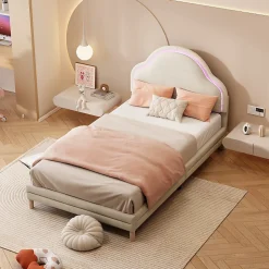 Lit 90x200 cm avec tête de lit en forme de nuage, led multicolores intégrées et revêtement en velours beige