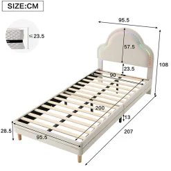 Lit 90x200 cm avec tête de lit en forme de nuage, led multicolores intégrées et revêtement en velours beige
