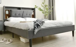 Lit 160x200 cm avec tête de lit espace de rangement, LED et station de charge, cadre bois massif gris