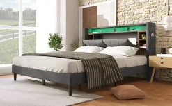 Lit 160x200 cm avec tête de lit espace de rangement, LED et station de charge, cadre bois massif gris