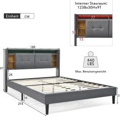 Lit 160x200 cm avec tête de lit espace de rangement, LED et station de charge, cadre bois massif gris