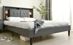 Lit 160x200 cm avec tête de lit espace de rangement, LED et station de charge, cadre bois massif gris