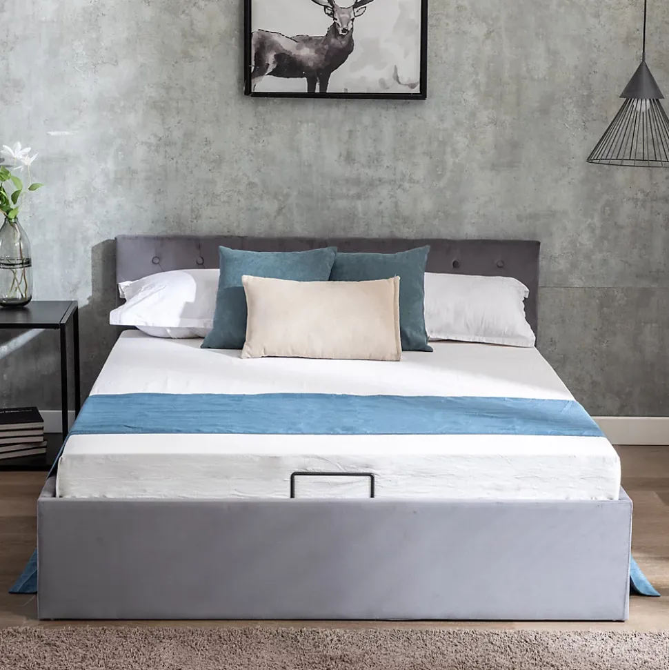 Lit 140x200 cm avec tête de lit capitonnée et rangement hydraulique, tapissé velours gris pour chambre moderne et élégante