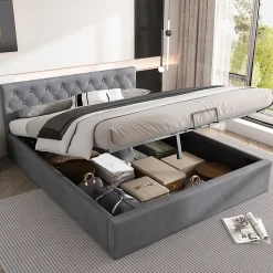 Lit 140x200 cm avec tête de lit capitonnée et rangement hydraulique, tapissé velours gris pour chambre moderne et élégante
