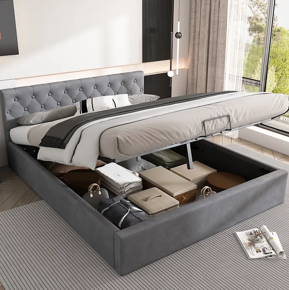 Lit 140x200 cm avec tête de lit capitonnée et rangement hydraulique, tapissé velours gris pour chambre moderne et élégante
