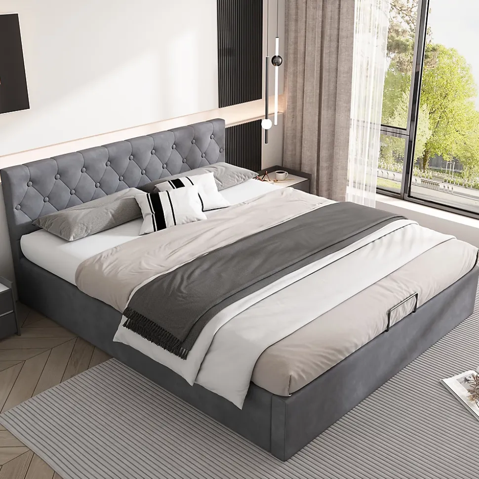 Lit 140x200 cm avec tête de lit capitonnée et rangement hydraulique, tapissé velours gris pour chambre moderne et élégante