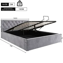 Lit 140x200 cm avec tête de lit capitonnée et rangement hydraulique, tapissé velours gris pour chambre moderne et élégante