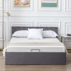 Lit 140x200 cm avec tête de lit capitonnée et rangement hydraulique, tapissé velours gris pour chambre moderne et élégante