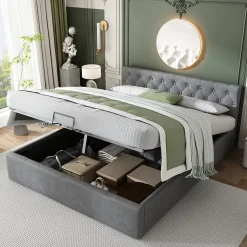 Lit 140x200 cm avec tête de lit capitonnée et rangement hydraulique, tapissé velours gris pour chambre moderne et élégante