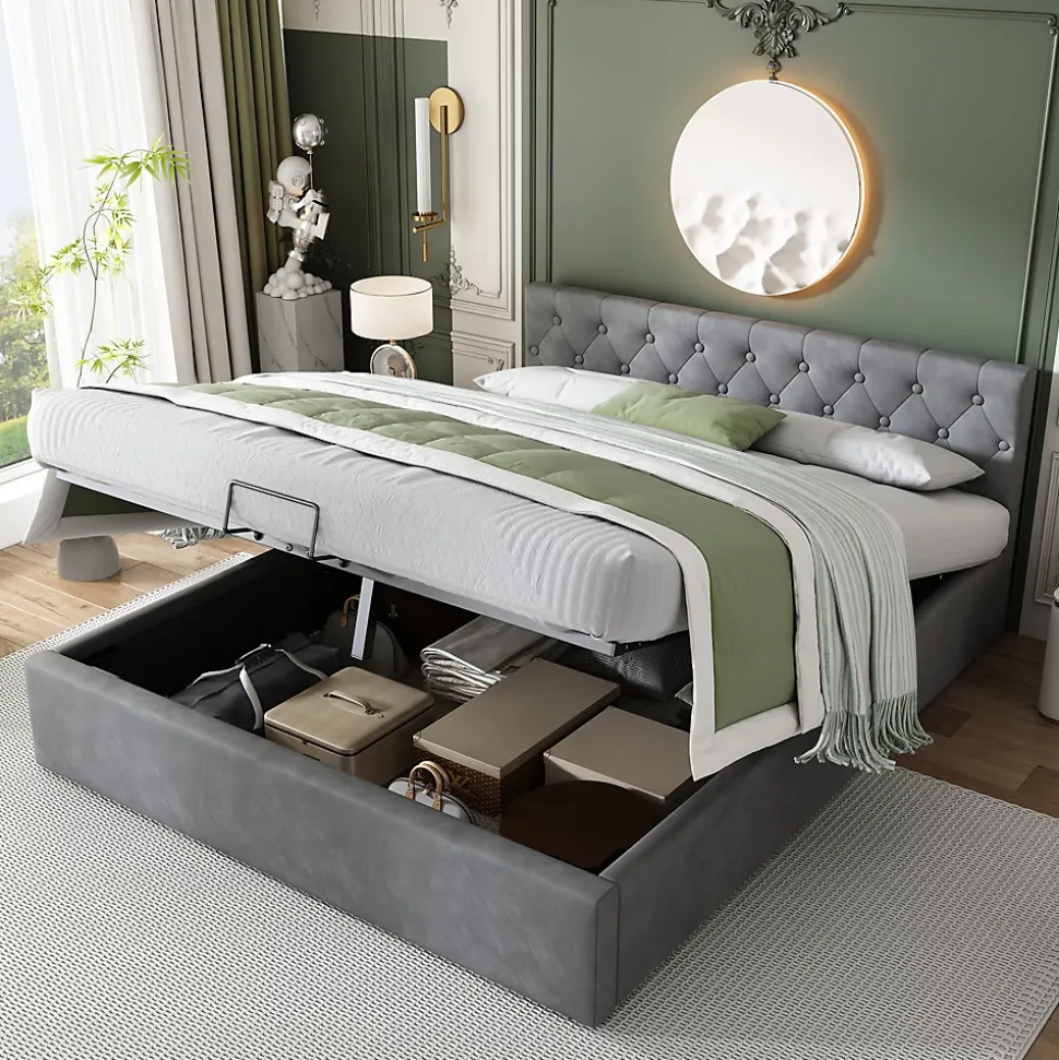 Lit 140x200 cm avec tête de lit capitonnée et rangement hydraulique, tapissé velours gris pour chambre moderne et élégante