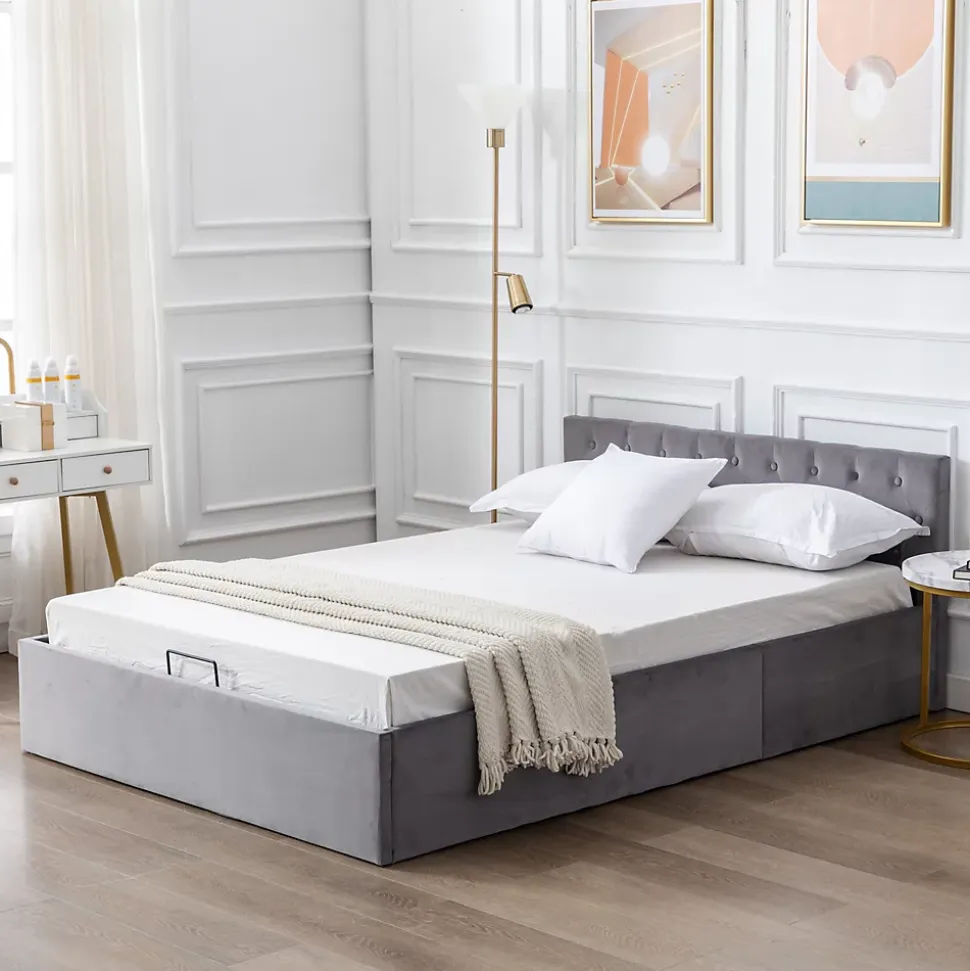 Lit 140x200 cm avec tête de lit capitonnée et rangement hydraulique, tapissé velours gris pour chambre moderne et élégante
