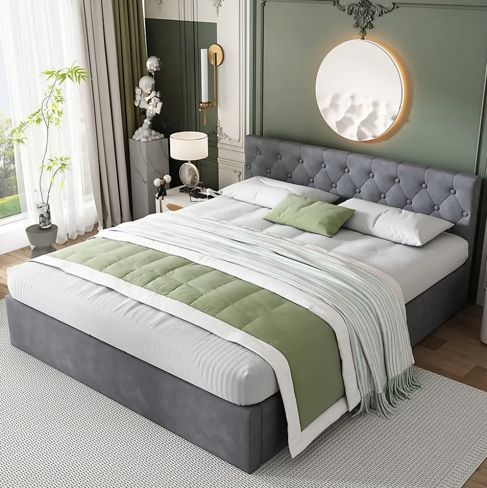 Lit 140x200 cm avec tête de lit capitonnée et rangement hydraulique, tapissé velours gris pour chambre moderne et élégante