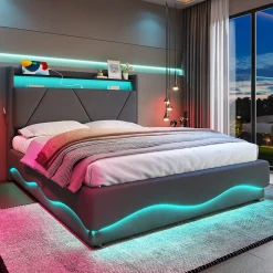 Lit 160x200 cm avec tête de lit à LED, étagères intégrées et revêtement velours gris foncé, espace de rangement