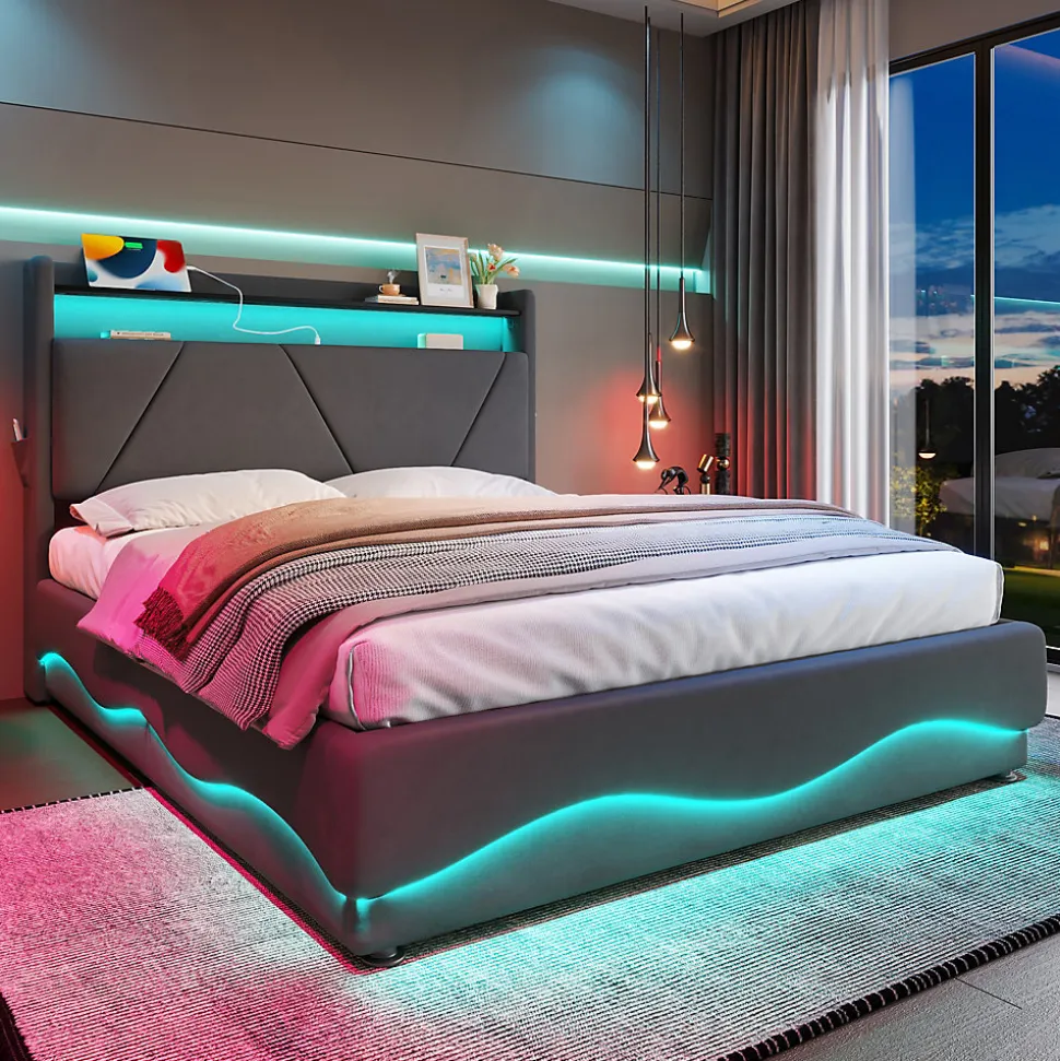 Lit 160x200 cm avec tête de lit à LED, étagères intégrées et revêtement velours gris foncé, espace de rangement