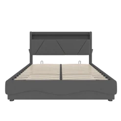 Lit 160x200 cm avec tête de lit à LED, étagères intégrées et revêtement velours gris foncé, espace de rangement