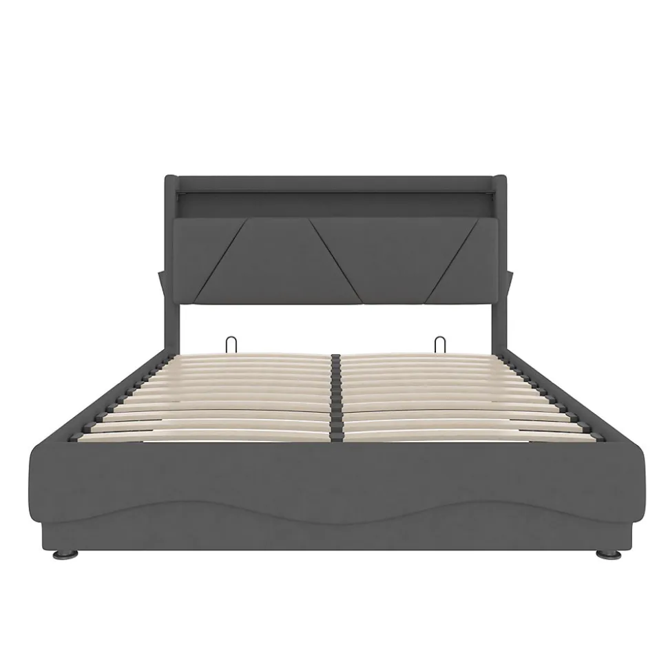Lit 160x200 cm avec tête de lit à LED, étagères intégrées et revêtement velours gris foncé, espace de rangement
