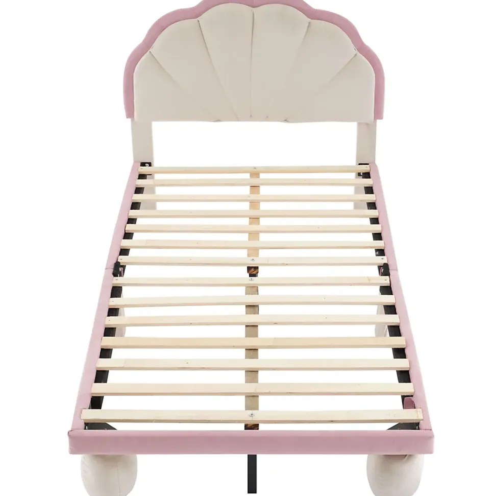 Lit 90x200 cm avec tête de lit rembourrée à bande LED multicolore, tapissé velours beige et rose, pieds ronds