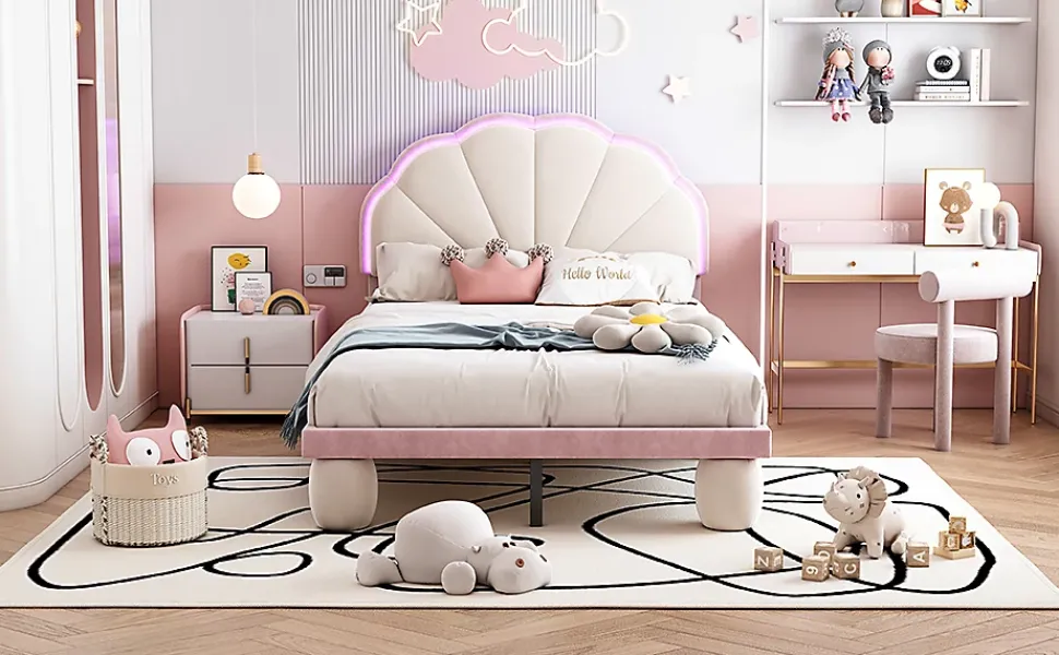 Lit 90x200 cm avec tête de lit rembourrée à bande LED multicolore, tapissé velours beige et rose, pieds ronds