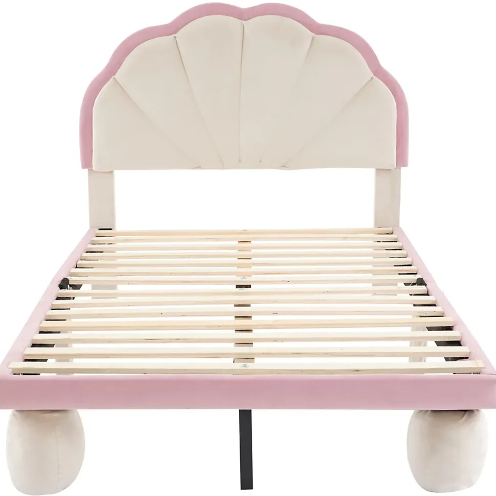 Lit 90x200 cm avec tête de lit rembourrée à bande LED multicolore, tapissé velours beige et rose, pieds ronds