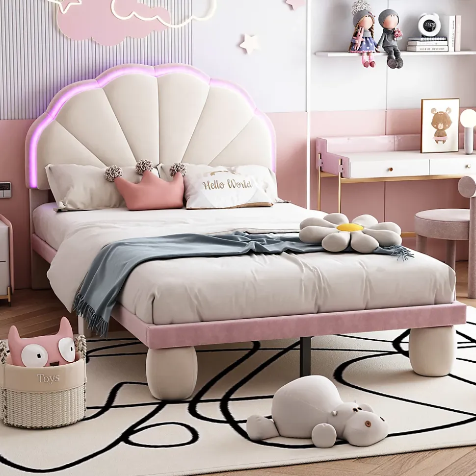 Lit 90x200 cm avec tête de lit rembourrée à bande LED multicolore, tapissé velours beige et rose, pieds ronds