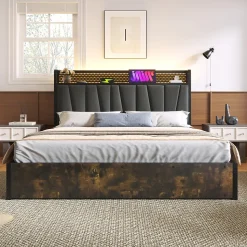 Lit 160x200 cm avec tête de lit LED contrôlable par application, prises USB et coffre, cadre métal gris