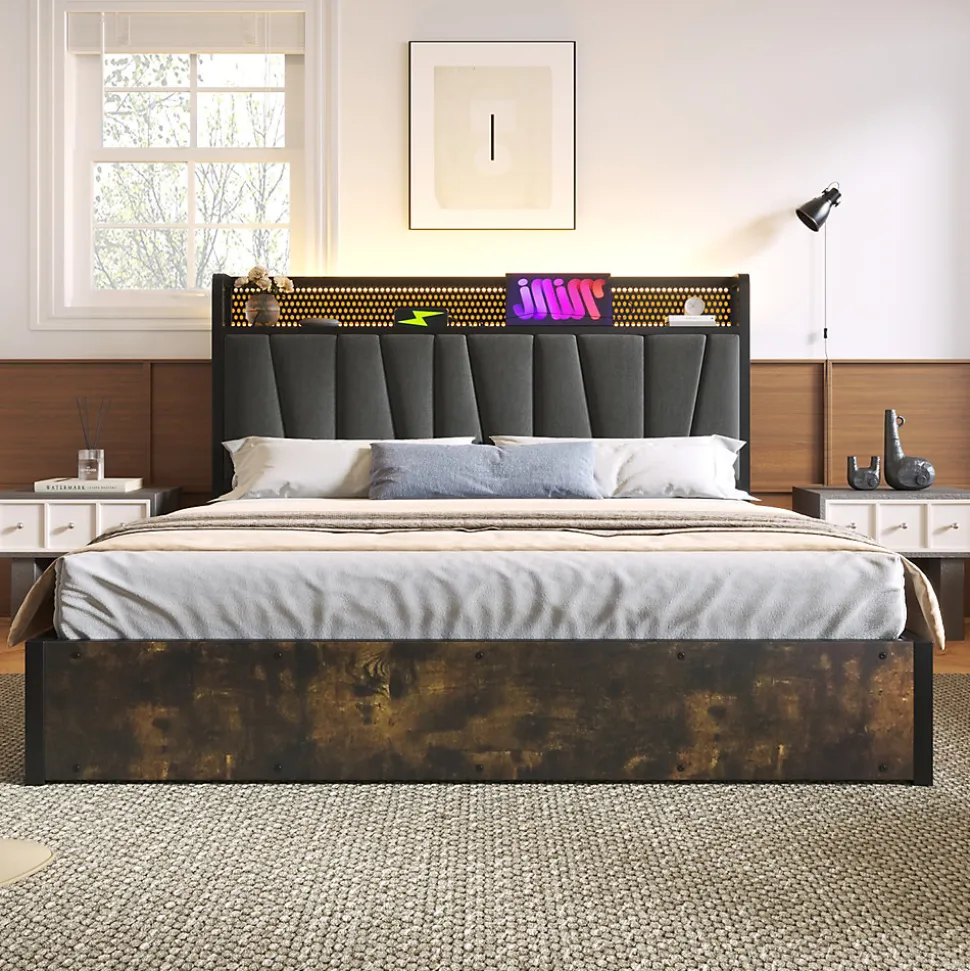 Lit 160x200 cm avec tête de lit LED contrôlable par application, prises USB et coffre, cadre métal gris