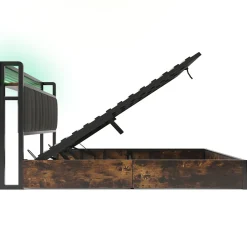 Lit 160x200 cm avec tête de lit LED contrôlable par application, prises USB et coffre, cadre métal gris