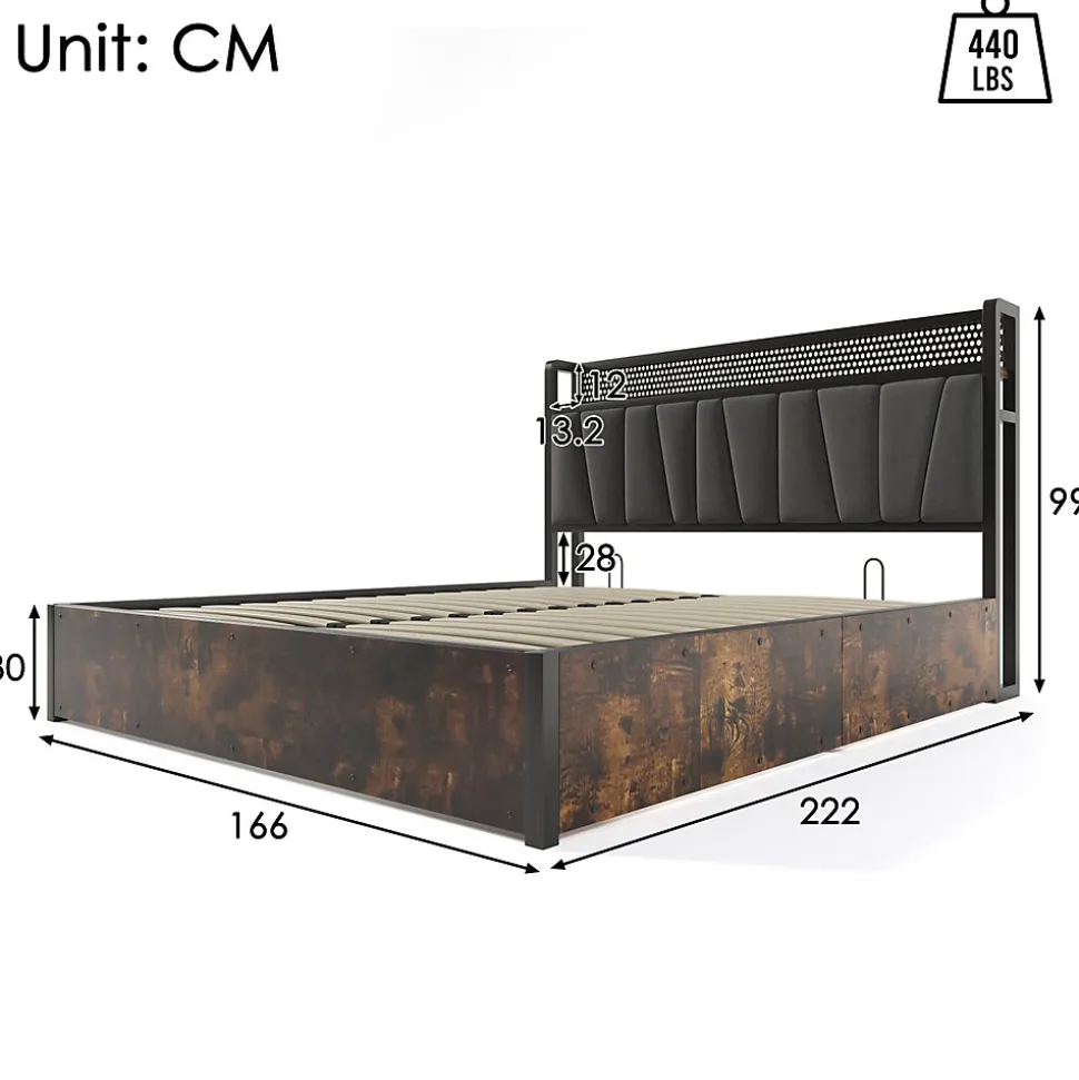 Lit 160x200 cm avec tête de lit LED contrôlable par application, prises USB et coffre, cadre métal gris