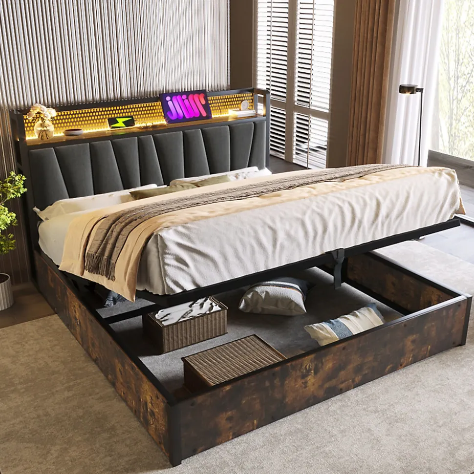 Lit 140x200 cm avec tête de lit LED RGBW, prises USB intégrées, coffre de rangement et cadre métal gris design