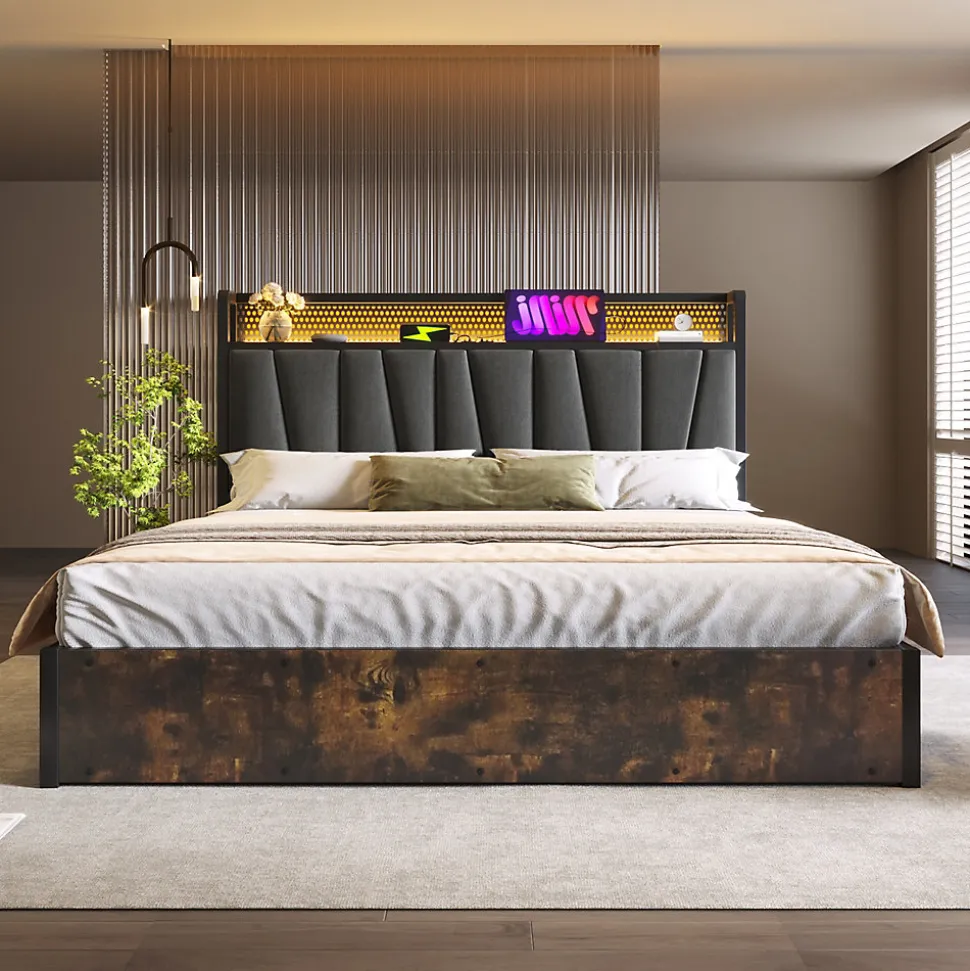 Lit 140x200 cm avec tête de lit LED RGBW, prises USB intégrées, coffre de rangement et cadre métal gris design