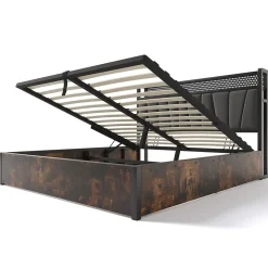 Lit 140x200 cm avec tête de lit LED RGBW, prises USB intégrées, coffre de rangement et cadre métal gris design