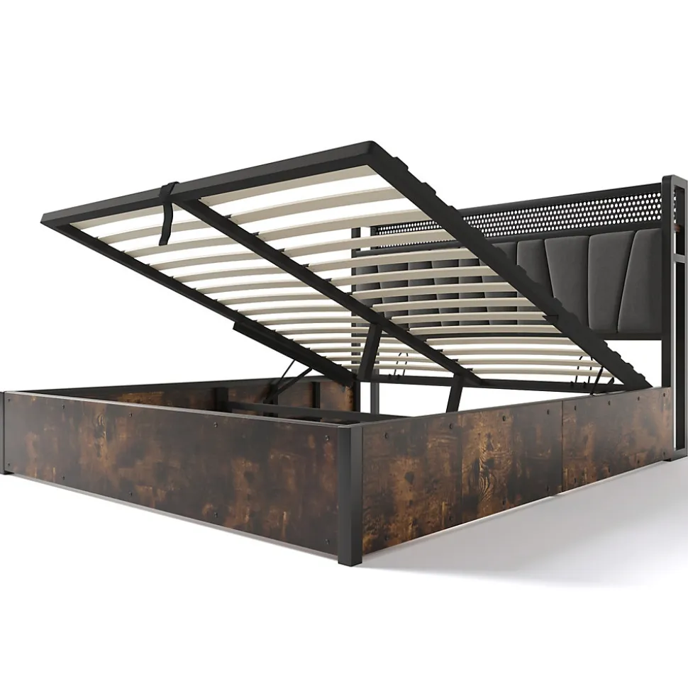 Lit 140x200 cm avec tête de lit LED RGBW, prises USB intégrées, coffre de rangement et cadre métal gris design