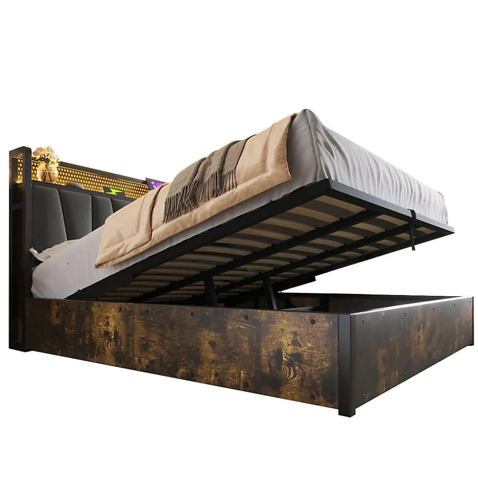 Lit 140x200 cm avec tête de lit LED RGBW, prises USB intégrées, coffre de rangement et cadre métal gris design