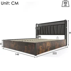 Lit 140x200 cm avec tête de lit LED RGBW, prises USB intégrées, coffre de rangement et cadre métal gris design