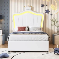 Lit 90x200 cm avec tête de lit coquillage couronnée et coffre hydraulique, éclairage LED, tapissé cuir blanc