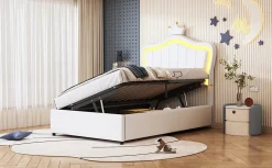 Lit 90x200 cm avec tête de lit coquillage couronnée et coffre hydraulique, éclairage LED, tapissé cuir blanc